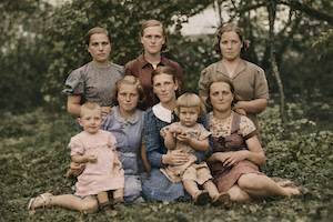 Vishki, about 1940.  Upper row, from the left: Liba Dumesh, Tsipa-Lea Dumesh.  Lower row, on the right, Doba Dumesh.  All the others are unknown.